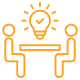 "Icon of two individuals collaborating at a table with a lightbulb overhead, representing strategic IT consultation and idea exchange."