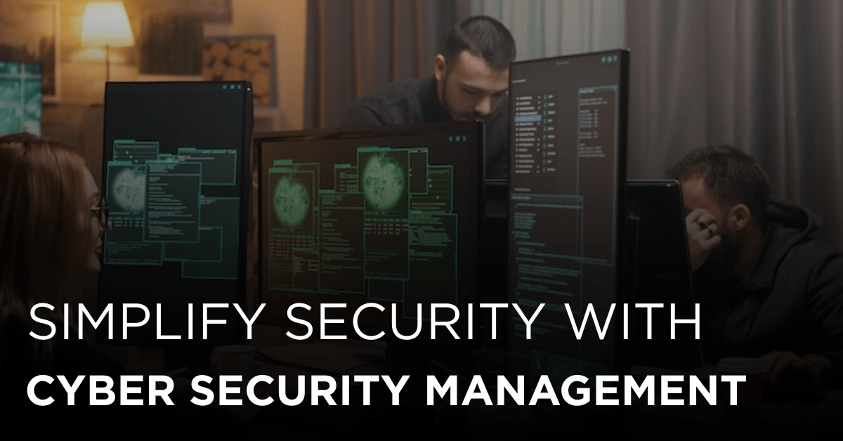 Cyber security management services team monitoring networ security and protecting business data.