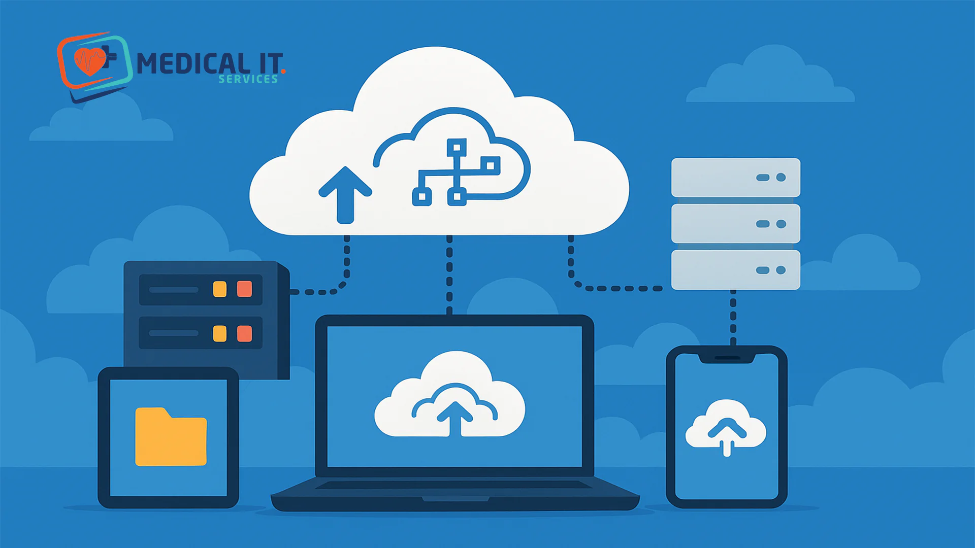 Cloud Hosting Services illustration showing devices connected to a central cloud