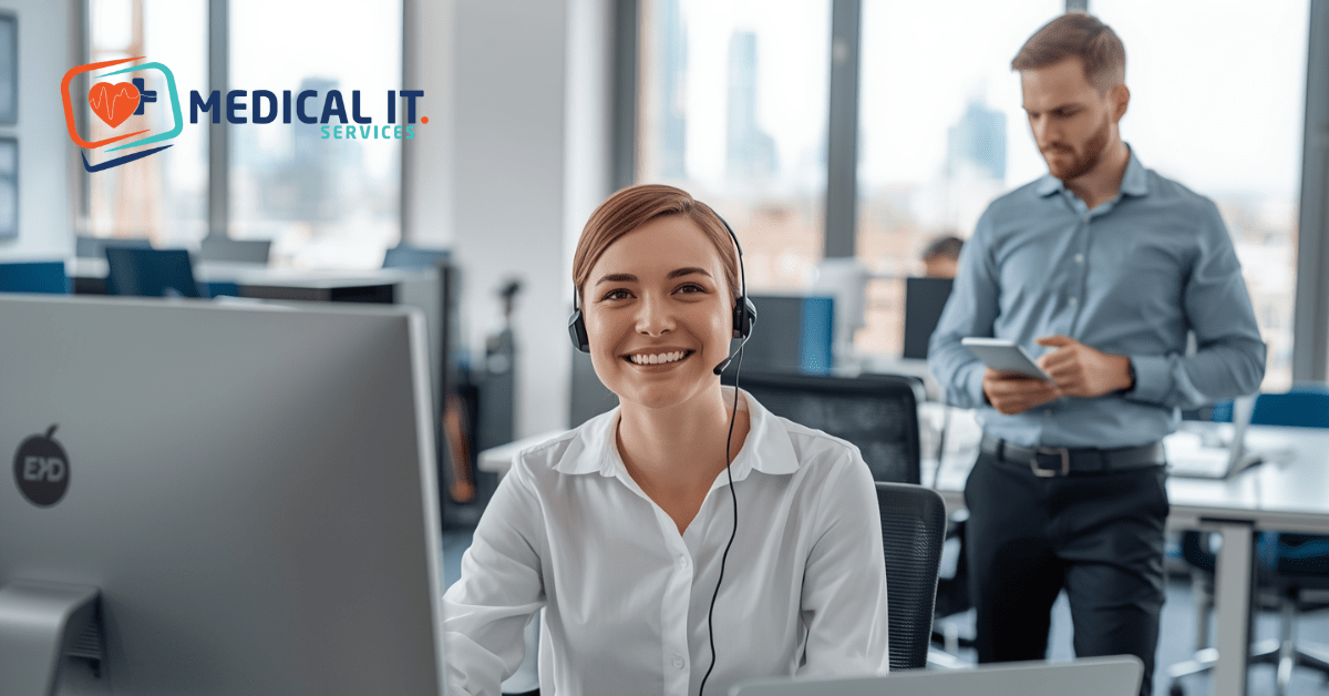 Business IT support team monitoring systems and improving productivity and security