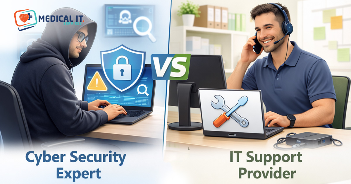 Cyber security expert protecting data versus general IT support solving computer issues